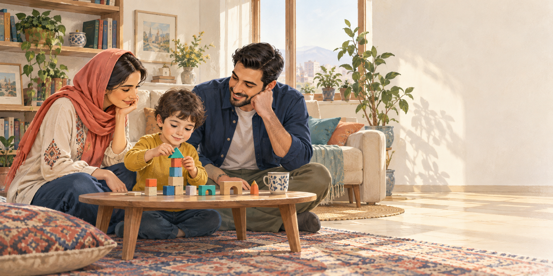 پدر و مادری که با آرامش کودک خود را هنگام بازی همراهی می‌کنند